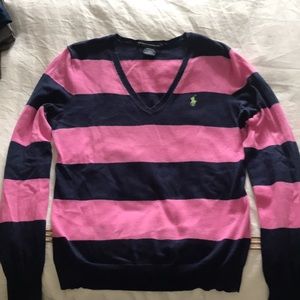 Polo Ralph Lauren Sport V Neck Sweater in Pink and Blue Horizontal Stripes.